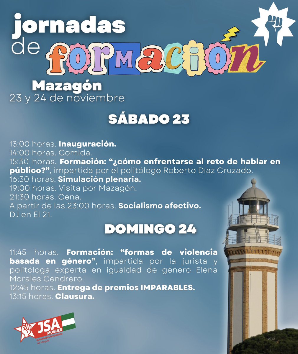 JSA_Moguer's tweet photo. 😀 Os presentamos la 𝐩𝐫𝐨𝐠𝐫𝐚𝐦𝐚𝐜𝐢𝐨́𝐧 𝐝𝐞 𝐧𝐮𝐞𝐬𝐭𝐫𝐚𝐬 𝐉𝐨𝐫𝐧𝐚𝐝𝐚𝐬 𝐝𝐞 𝐅𝐨𝐫𝐦𝐚𝐜𝐢𝐨́𝐧, que tendrán lugar los días 23 y 24 de noviembre en Mazagón.

👉🏼 Formaciones, simulación plenaria, noche de hotel, socialismo afectivo y mucho más. https://t.co/0qM0jaKnyO