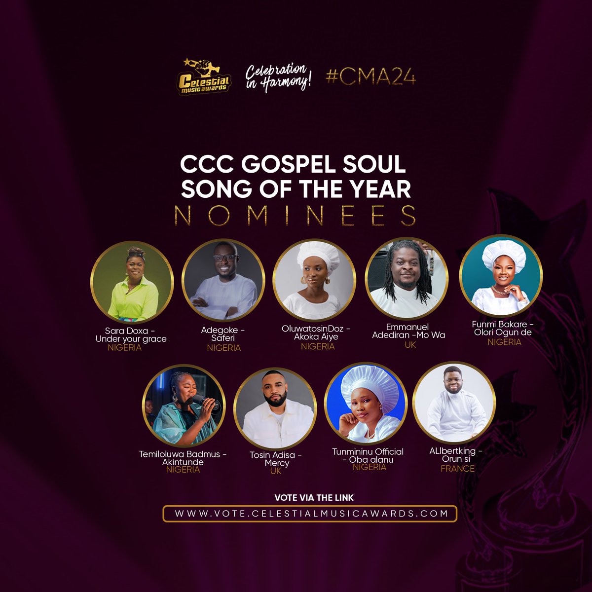 CelestialAwards's tweet photo. Meet the Nominees for CMA 2024 
- CCC GOSPEL SOUL SONG OF THE YEAR 

.
.

💫 Date: December 7th, 2024
📍 Location: The Balmoral Hall, Ikeja, Lagos (Invitation Neccessary)

#PowerInWomen #CCCWomenInMusicMonth #Celestialmusiccommunity #Gospelawards #Cma24 #realcelestial  #realcelestian #explore #realcelestian #weintheccc  #celestialheritage  #7halleluyahcelestial #ccccentralchoir  #omocelemimo🌈🌈🌈