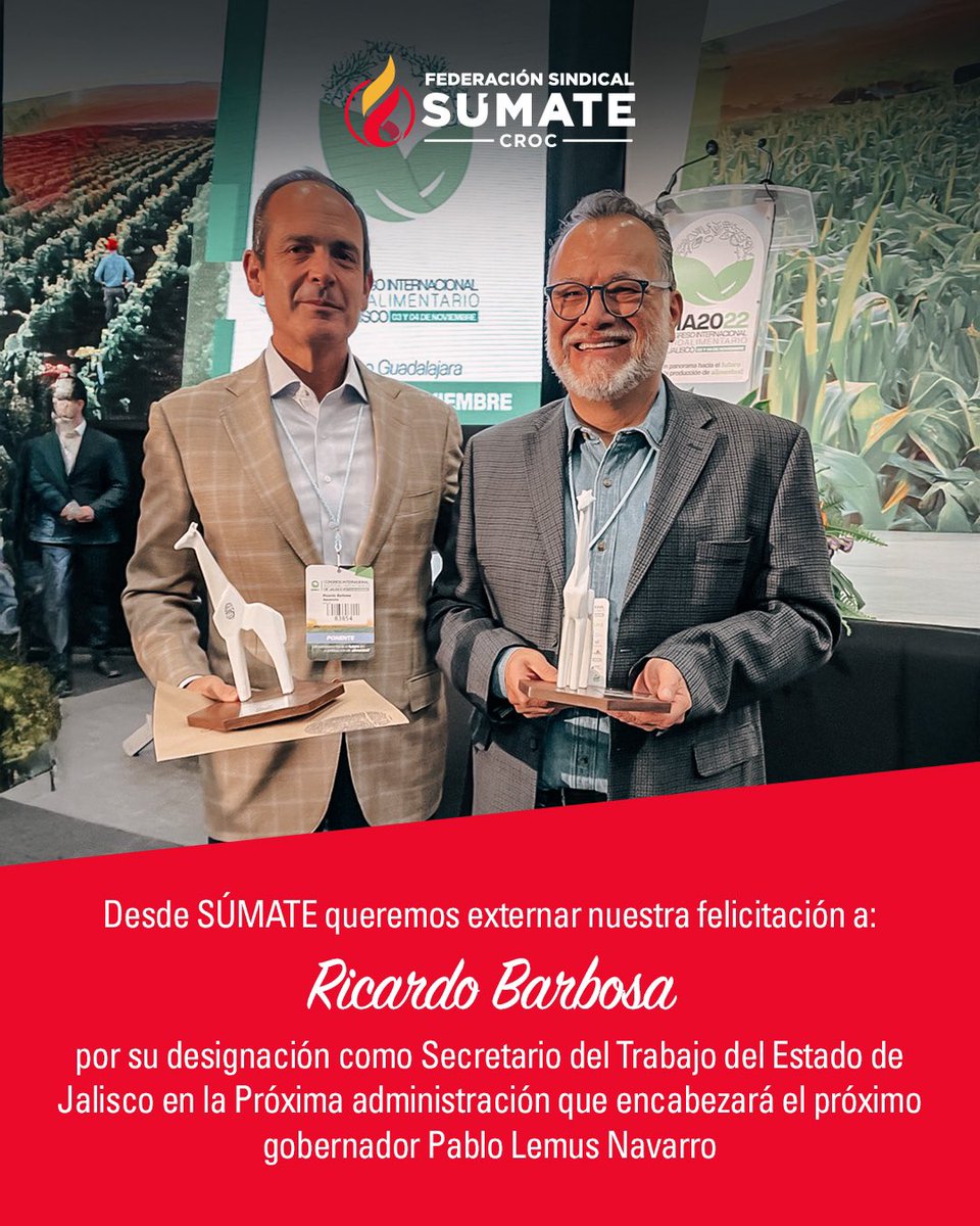 Gabriel_truj's tweet photo. Quiero expresar mi más sincera felicitación y a nombre de la Federación SUMATE CROC a @RBarbosaLaboral por su reciente designación como Secretario del Trabajo del Estado de Jalisco en la próxima administración de Pablo Lemus Navarro. https://t.co/mlrI4zTJuS