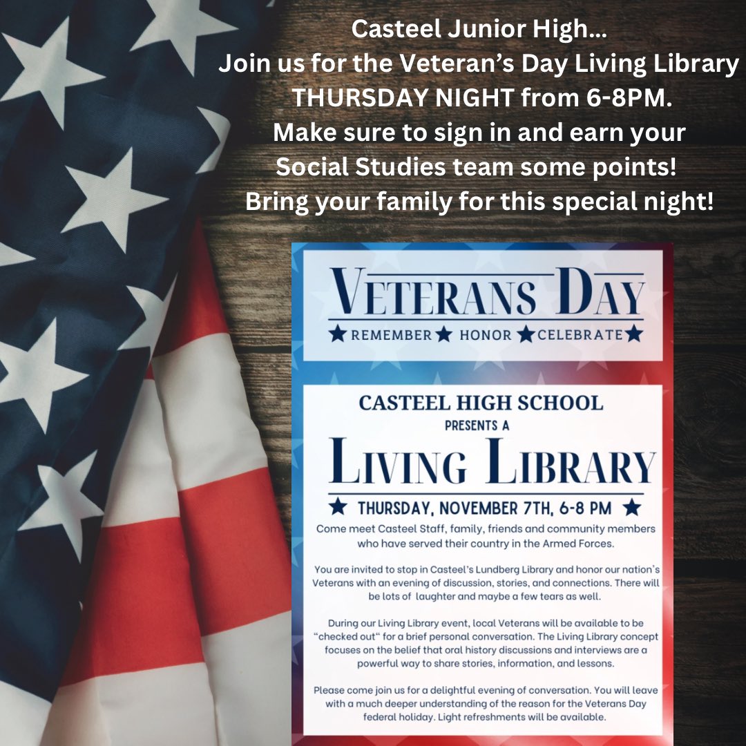 CasteelColts's tweet image. We would like to remind our Colt Community about a very special event on our campus tonight that is open to all students and families 7th -12th grade. We hope to see you at the LIVING LIBRARY ❤️🤍💙🇺🇸