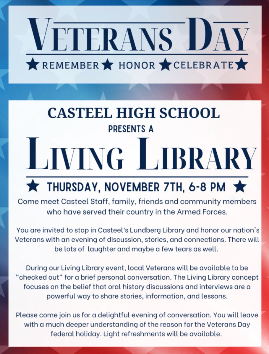CasteelColts's tweet image. We would like to remind our Colt Community about a very special event on our campus tonight that is open to all students and families 7th -12th grade. We hope to see you at the LIVING LIBRARY ❤️🤍💙🇺🇸
