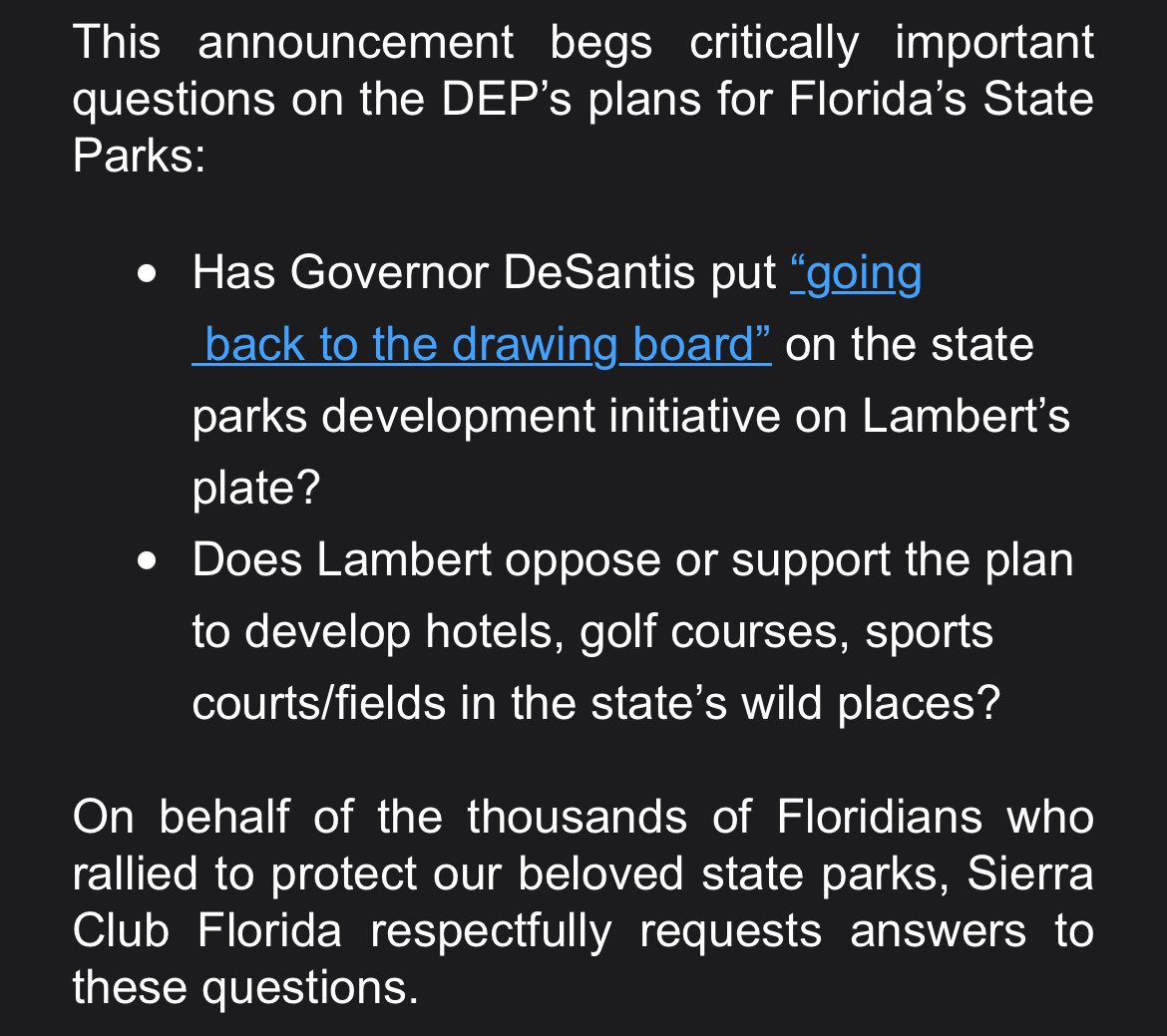 In an email blast, <a href="/SierraClubFL/">Sierra Club Florida</a> raises these questions to the new head of the FDEP, Alexis Lambert: