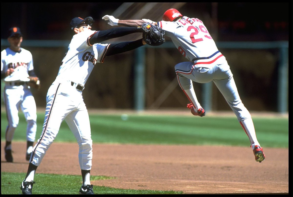 Will Clark &amp; Vince Coleman demonstrating the traditional #baseball slap fight just like King Kelly and Buck Ewing used to do.
Admittingly, this is a very niche tweet