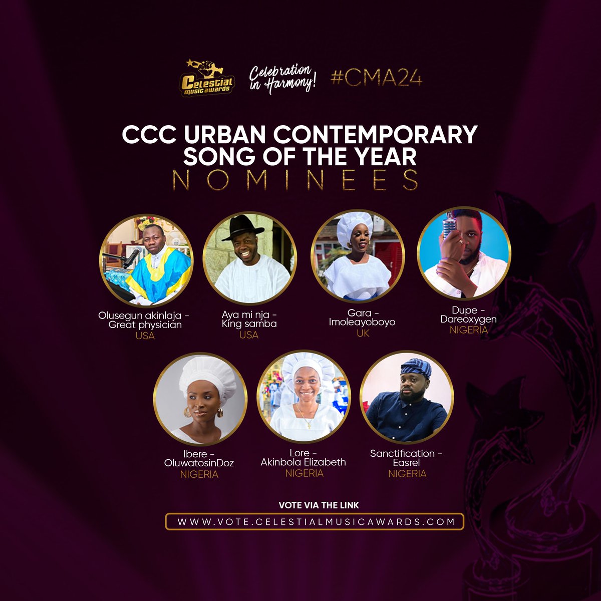 CelestialAwards's tweet photo. Meet the Nominees for CMA 2024 
- CCC URBAN CONTEMPORARY SONG OF THE YEAR 

.
.

💫 Date: December 7th, 2024
📍 Location: The Balmoral Hall, Ikeja, Lagos (Invitation Neccessary)

#PowerInWomen #CCCWomenInMusicMonth #Celestialmusiccommunity #Gospelawards #Cma24 #realcelestial  #realcelestian #explore #realcelestian #weintheccc  #celestialheritage  #7halleluyahcelestial #ccccentralchoir  #omocelemimo🌈🌈🌈
