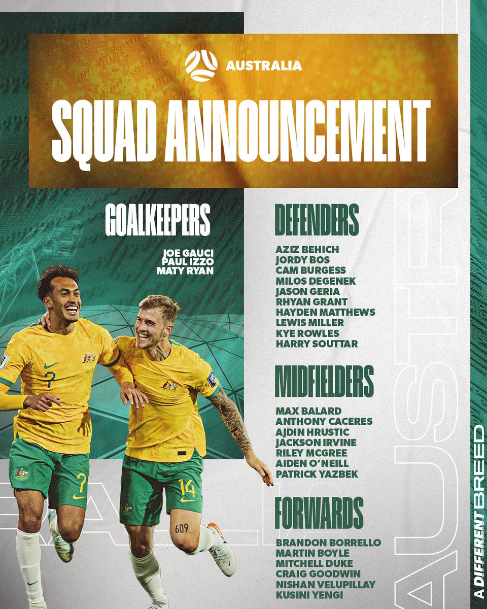 Subway Socceroos (@socceroos) on Twitter photo 📋 Tony Popovic’s second Subway #Socceroos squad is locked in for our <a href="/FIFAWorldCup/">FIFA World Cup</a> Qualifiers against Saudi Arabia and Bahrain! 🔒
📰 Read more: bit.ly/Socceroos-Squa…
#DifferentBreed #VisitMelbourne #VisitVictoria 📋 Tony Popovic’s second Subway #Socceroos squad is locked in for our <a href="/FIFAWorldCup/">FIFA World Cup</a> Qualifiers against Saudi Arabia and Bahrain! 🔒
📰 Read more: bit.ly/Socceroos-Squa…
#DifferentBreed #VisitMelbourne #VisitVictoria