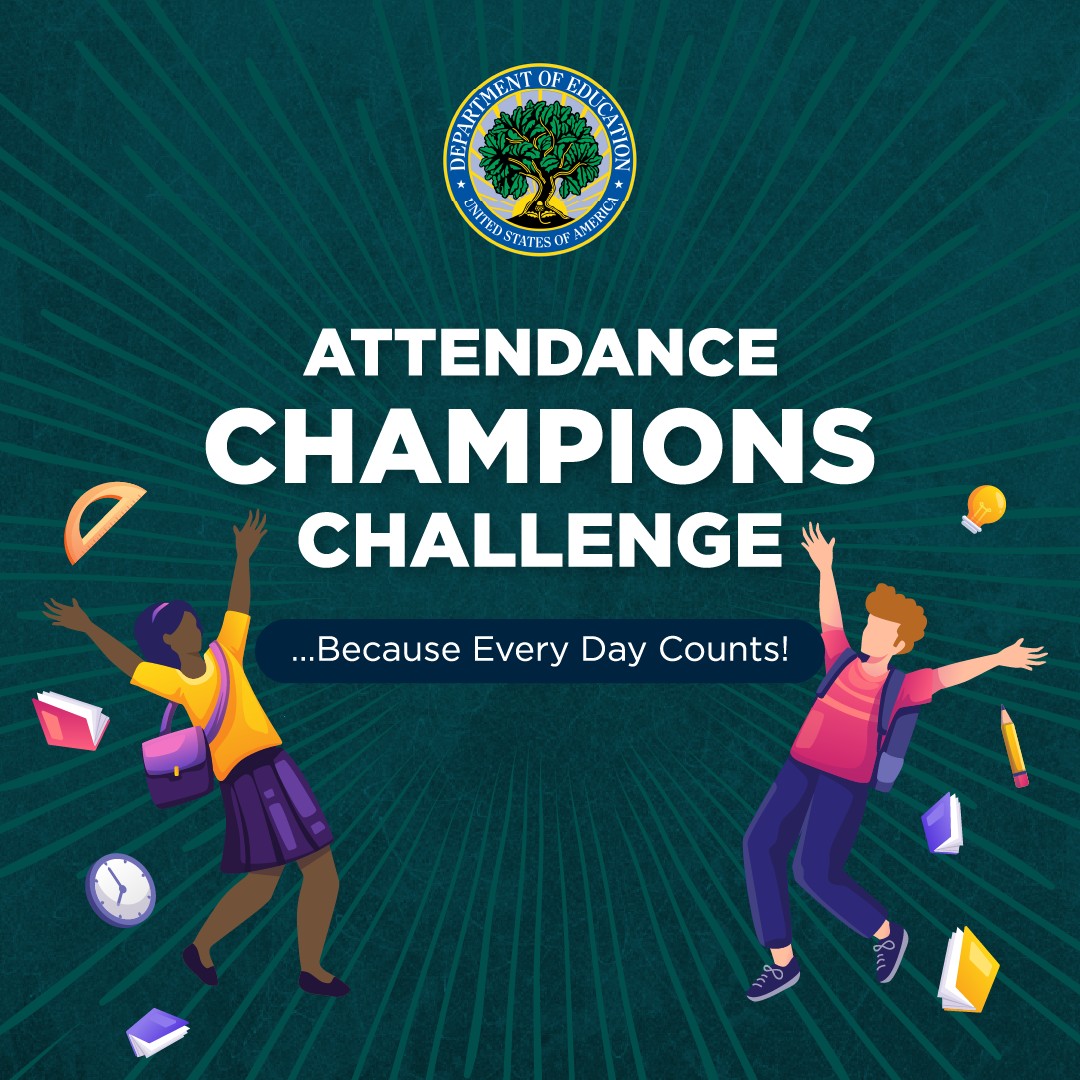 Join ED’s Attendance Champions Challenge!

Schools &amp; community orgs (and students aged 13-19!) can submit creative solutions to address barriers to school attendance.

Learn more and submit your ideas at challenge.gov/?challenge=att…