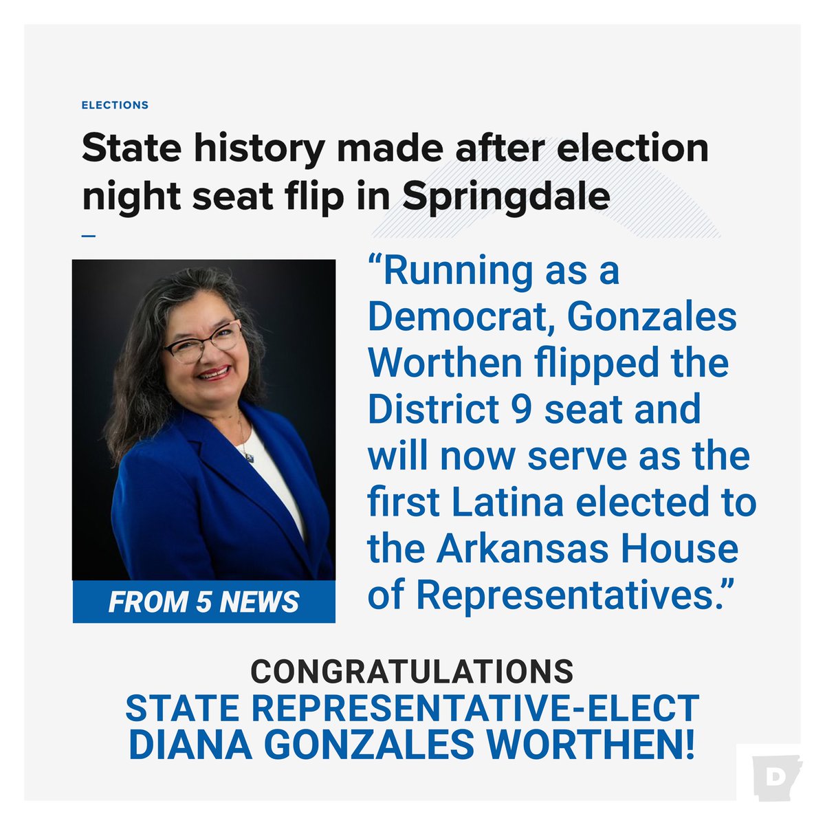 Democratic Party of Arkansas (@arkdems) on Twitter photo HISTORY MADE: State Rep.-Elect Dr. Diana Gonzales Worthen will be representing Springdale in the State House ✨
An educator, community leader, & now the FIRST Latina to serve in AR State House, <a href="/DianaForAR/">Dr. Diana Gonzales Worthen</a> will be an INCREDIBLE legislator.
Let’s goooo 👏 #WorthentheWait HISTORY MADE: State Rep.-Elect Dr. Diana Gonzales Worthen will be representing Springdale in the State House ✨
An educator, community leader, & now the FIRST Latina to serve in AR State House, <a href="/DianaForAR/">Dr. Diana Gonzales Worthen</a> will be an INCREDIBLE legislator.
Let’s goooo 👏 #WorthentheWait