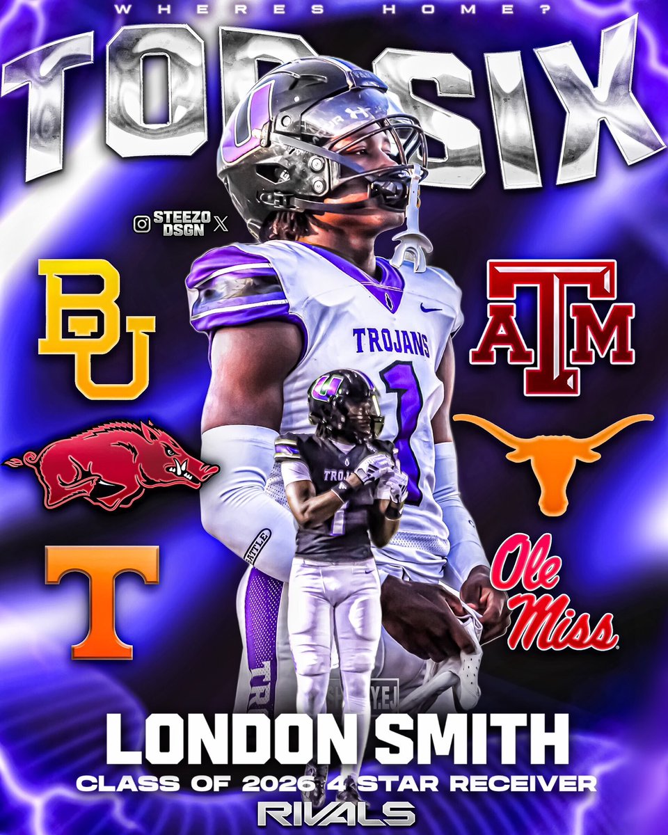 BREAKING: Class of 2026 4 ⭐️ WR London Smith ( <a href="/London_Smith1/">London Smith</a> ) has cut his list down to 6 schools‼️
-
London is a 6’2 (185 LBS) WR out of Waco, TX.  He ranks 40th in the Nation, the 7th WR in 2026 and the 4th ranked recruit in Texas. 
-
Let him know what’s the move?! 🤔⬇️