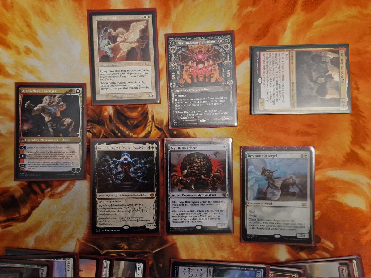 Ancient_Tome's tweet photo. Eventually won by casting Karmic Guide targeting Ojer Taq; then making 3 balloon guides returning Elesh Norn, Myr Battlesphere, and Restoration Angel; flickering the battleshepere to make a total of 36 Myr and finally using Ajani's 0 ability to drain my opponents for 40+ each! https://t.co/Vbf5MKTnDs
