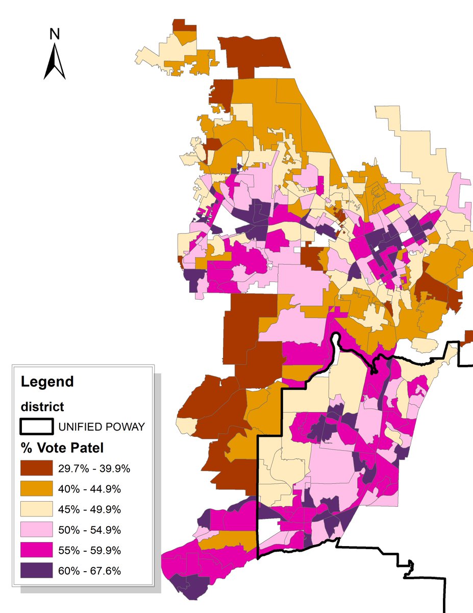 In the 76th Assembly District race, Darshana Patel did best in precincts in San Marcos and the City of San Diego, outlined in black, and the urban core precincts of Escondido. Kristie Bruce-Lane did best in the unincorporated communities of Bonsall, Twin Oaks, and Rancho Santa
