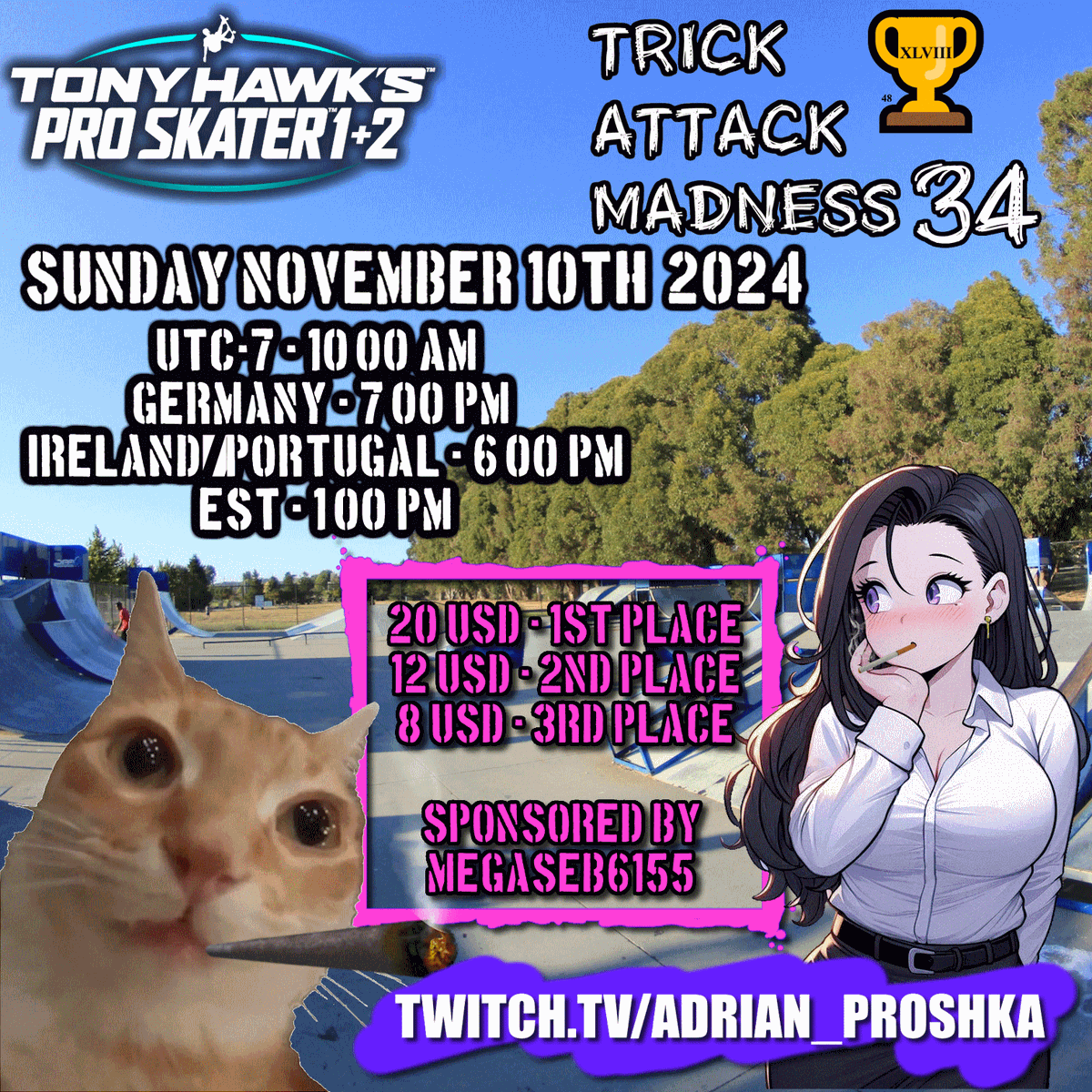 AdrianProshka's tweet photo. Now with sponsor!
πTHPS π1+2 P&W's Tournament 48th Edition Trick Attack Madness 34
https://t.co/R28E1G5e7R
#thps #thps1and2 #tournament #TrickAttack #TonyHawk #skate #SK8 #thpsTournament #Twitch #Skatetournament https://t.co/qE753csJzK