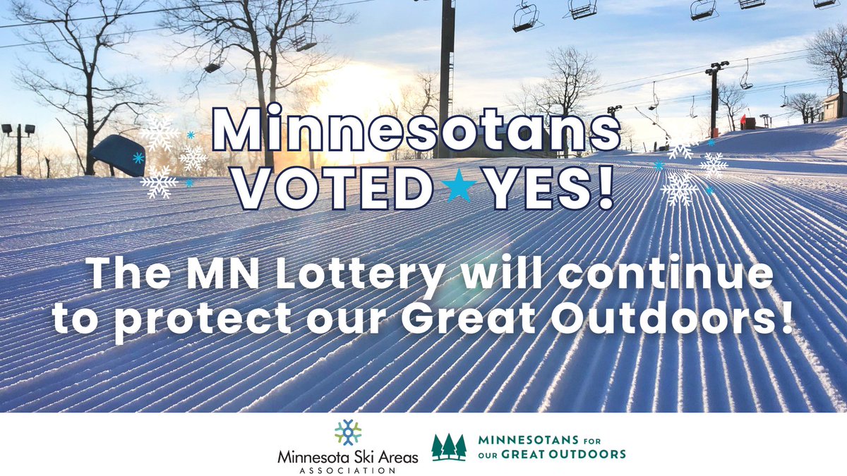 skiandboardmn's tweet photo. ❄️🎰 Thank you, MN! The YES vote passed! 🎰⛷️ With your support, over $80 million yearly from the @mnlottery will protect our @mngreatoutdoors for generations to enjoy. Let’s keep exploring &amp; protecting what makes MN so special! 🌲❄️ 

#VoteYesMN #ProtectOurOutdoors https://t.co/k0ypKcty98