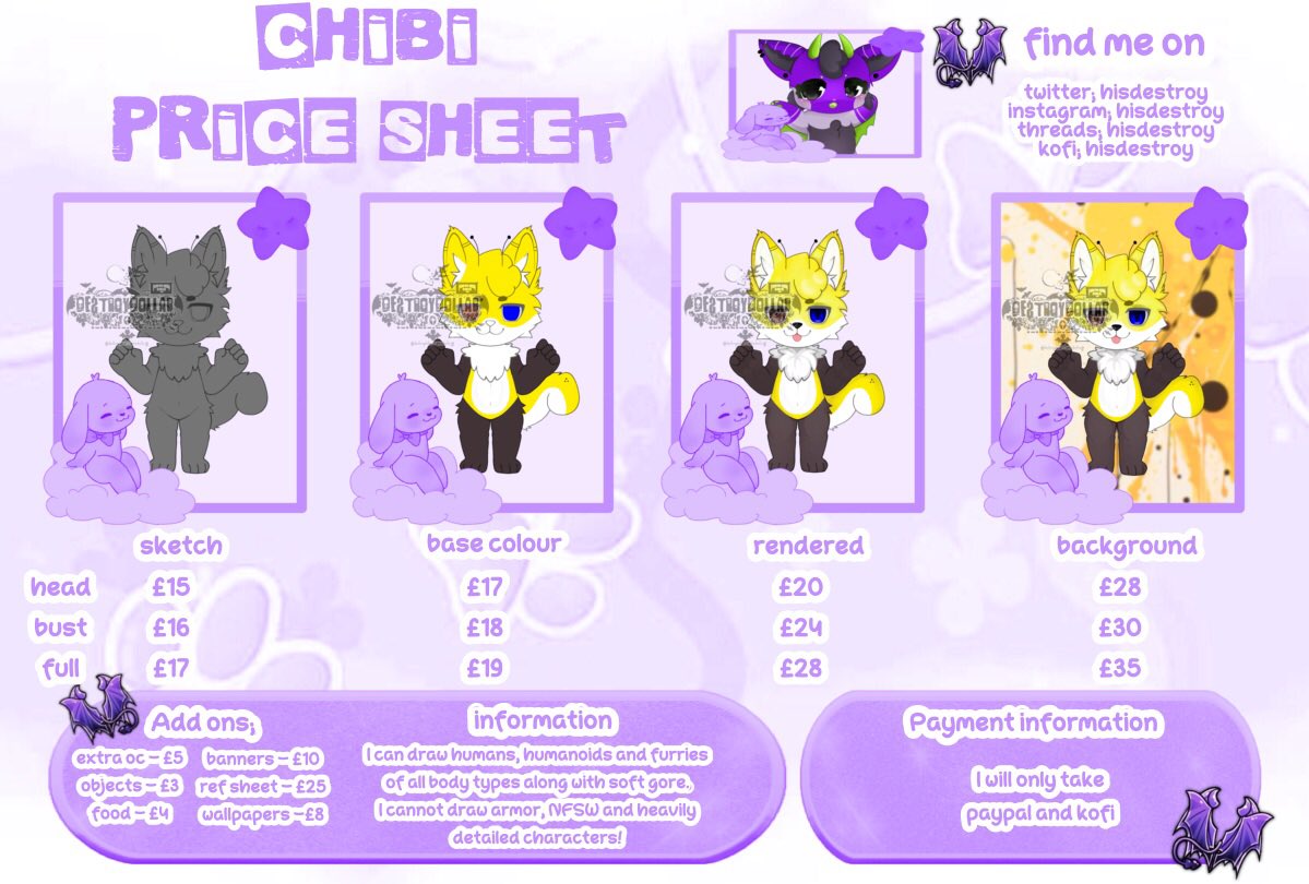 hisdestroy's tweet photo. human/furry commissions

≽^• ˕ • ྀི≼

 ────୨ৎ────  ✮ ⋆ ˚｡𖦹 ⋆｡°✩
    
𐙚⋆°.   payments : paypal &amp; kofi

｡𖦹°‧  icons :  pfp, custom, ocs, oc reference pages, banners, emotes commissions

𐙚⋆°.  TAT : 1-2 days maximum!

dm socials in bio <3
join /lockedpws! https://t.co/agKmWuDTGF