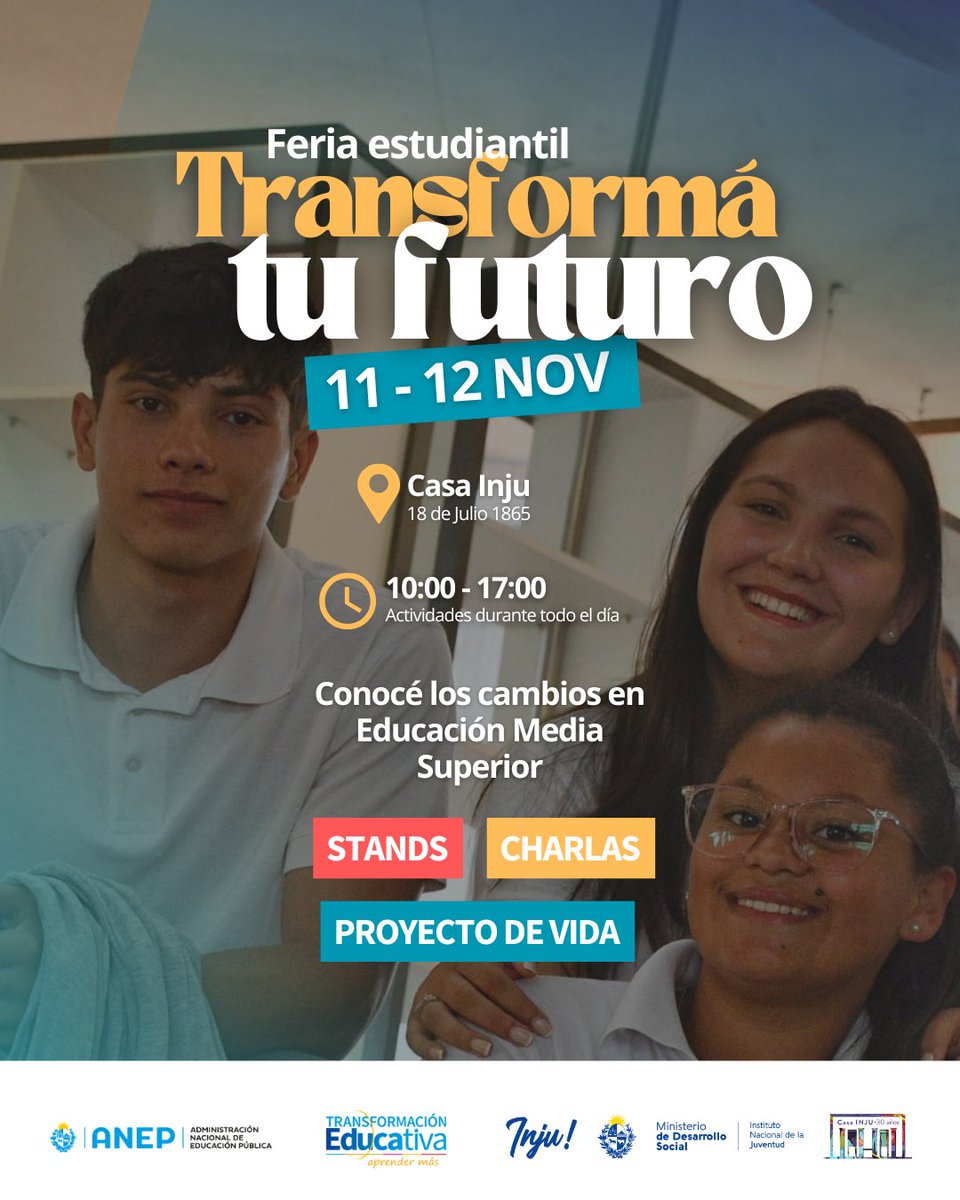 Llega la feria estudiantil “Transformá tu futuro”
🗒 Lunes 11 y martes 12 de noviembre de 2024
🕰 De 10 a 17 horas.
📍Sede del Inju. Stands con propuestas educativas interactivas, charlas, música y más. No te la podés perder. Te esperamos. Invita ANEP y INJU.