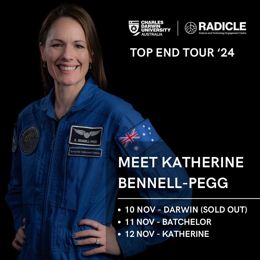MEET AN ASTRONAUT! 🧑🏼‍🚀✨ 
Australian astronaut Katherine Bennell-Pegg is touring the Territory to tell her story and encourage the next generation of intrepid explorers. Brought to you by the CDU Radicle Science and Technology Engagement Centre.
events.humanitix.com/host/radicle-s…