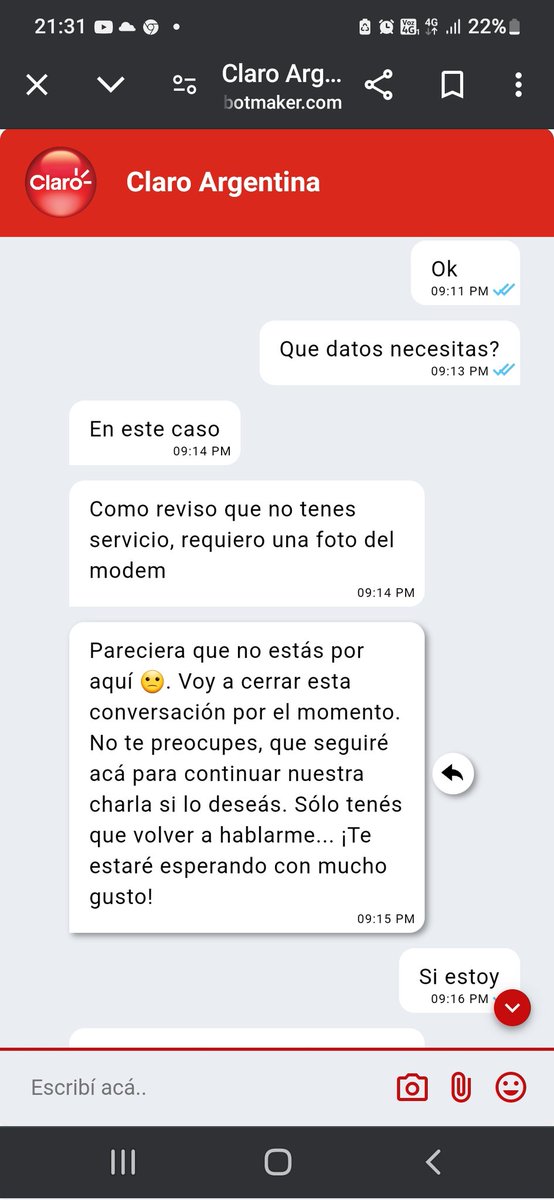 BaMassucco's tweet photo. @ClaroArgentina el bot de Soporte Tecnico funciona peor que un empleado de AFIP. https://t.co/1goCe3WAO7