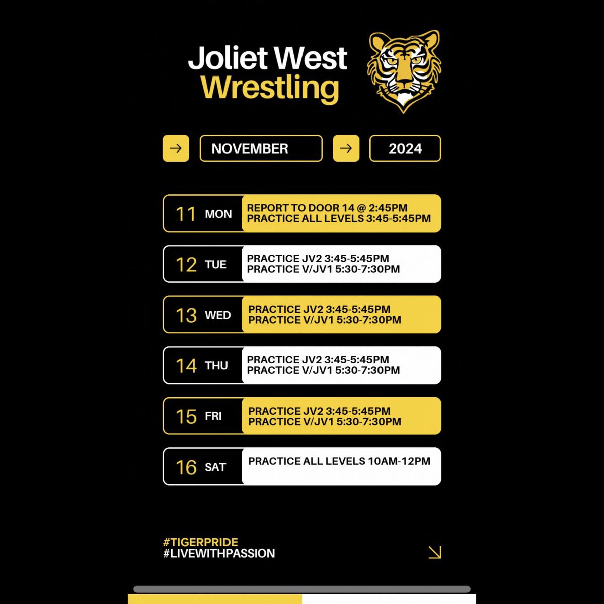 JolietWWrestle's tweet photo. Schedule for week 1! #TigerPride #LiveWithPassion https://t.co/RvHXypm7px