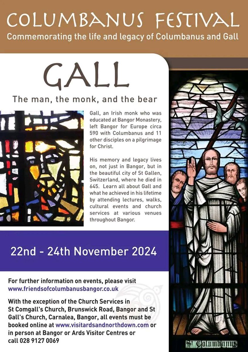 KarenDouglas_NI's tweet photo. List of events for this year's Columbanus Festival: Commemorating the Life and Legacy of Columbanus and Gall, 22-24 November 2024 #CityofBangor #Beannchor #Columbanus #Gall #ChristianHeritage @ANDborough #ColumbanWayNI #FriendsofColumbanus #joinus https://t.co/yXbnGNUKpa https://t.co/AuDPUN7wi8