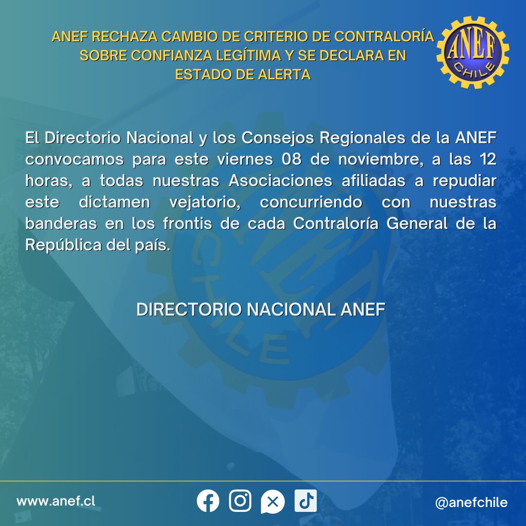 📢#COMUNICADO | ANEF RECHAZA CAMBIO DE CRITERIO DE CONTRALORÍA SOBRE CONFIANZA LEGÍTIMA Y SE DECLARA EN ESTADO DE ALERTA

🔎Leer el comunicado: anef.cl/anef-rechaza-c…