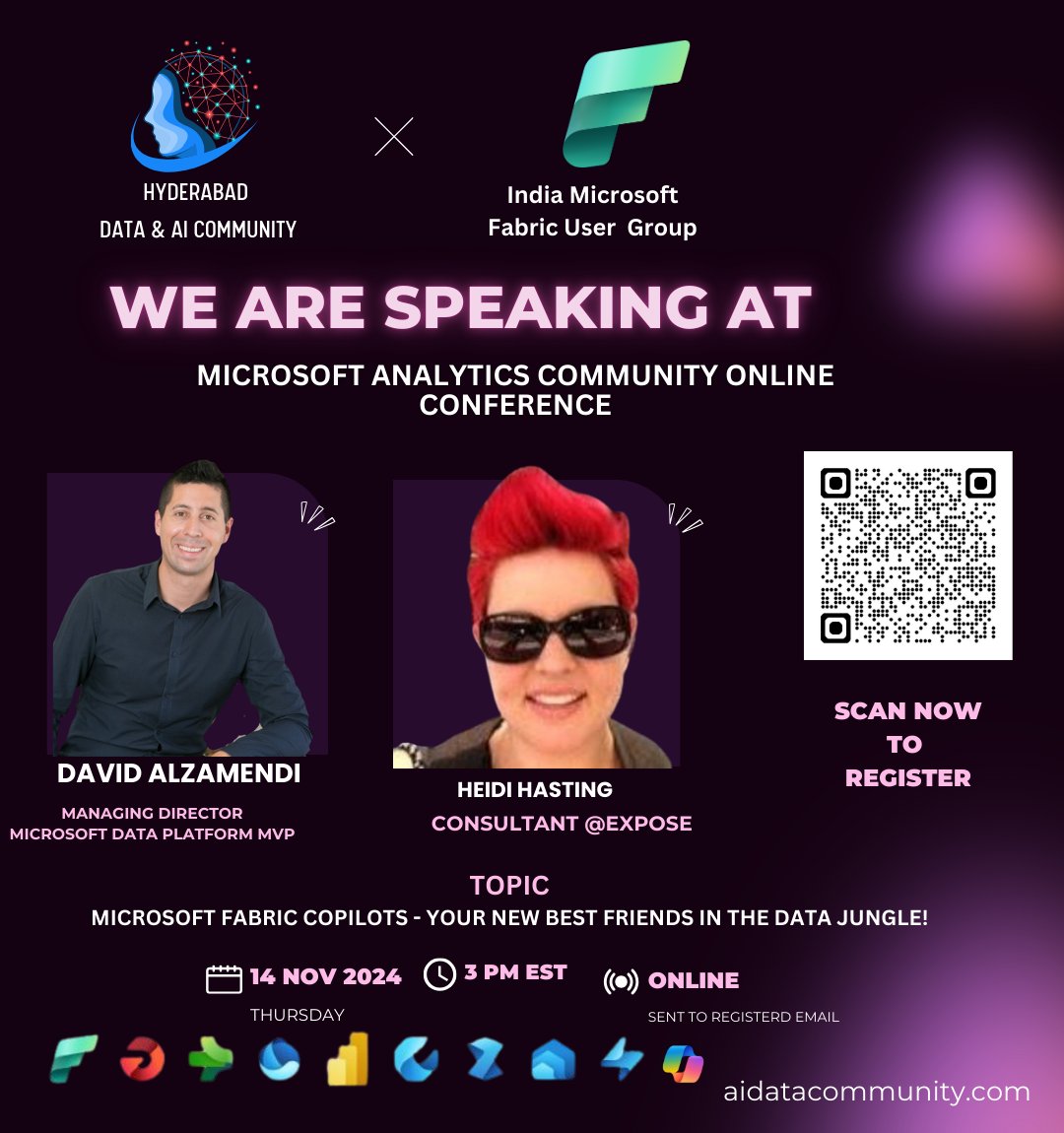 david_alzamendi's tweet image. 🌟 𝗘𝘅𝗰𝗶𝘁𝗶𝗻𝗴 𝗡𝗲𝘄𝘀! 🌟 I'll be speaking about Microsoft #MicrosoftFabric copilots at the 𝗠𝗶𝗰𝗿𝗼𝘀𝗼𝗳𝘁 𝗔𝗻𝗮𝗹𝘆𝘁𝗶𝗰𝘀 𝗖𝗼𝗺𝗺𝘂𝗻𝗶𝘁𝘆 𝗖𝗼𝗻𝗳𝗲𝗿𝗲𝗻𝗰𝗲!
🔗 Register!
lnkd.in/gGTM-CBY
#IndiaFabricXHDACWorldWide #DataCommunity #HDAC