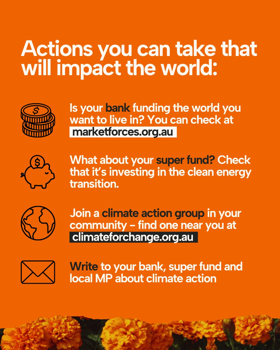 The best antidote for despair is action. Here are some things you can do now to make a difference:

💰 Check if your bank and super fund are supporting new fossil fuels marketforces.org.au
🌍 Join a climate action group near you!
📝 Write to your bank, super fund and local MP