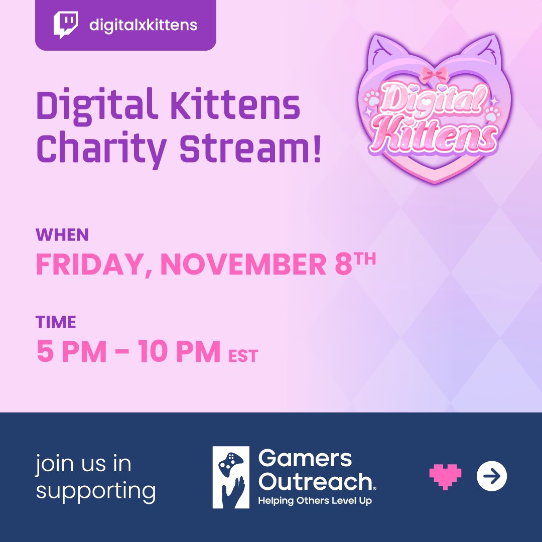 DigitalxKittens's tweet photo. Digital Kittens’ very first charity stream! 🎉

We’re teaming up with @GamersOutreach to bring the joy of gaming to children in hospitals. 

Join us this Fri, Nov 8, 5PM-10PM EST for an evening of gaming with your favorite kittens. 💕 https://t.co/ls3A0T2JEI