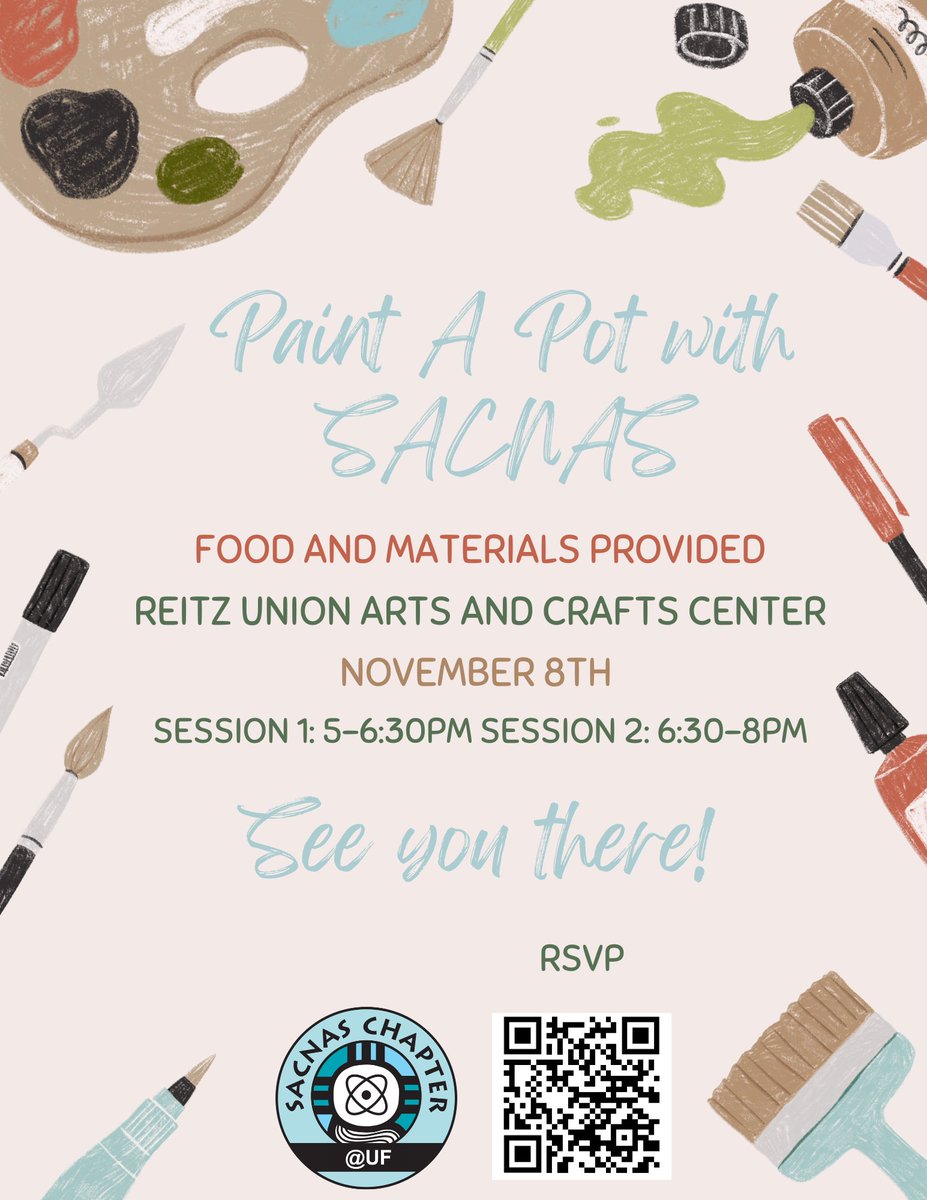 We still have some spots for the second session of our event "Paint a Pot with SACNAS" Don't miss the opportunity to relax while painting a pot, enjoying some food, and chatting with nice people! Scan the QR code to register. 😊