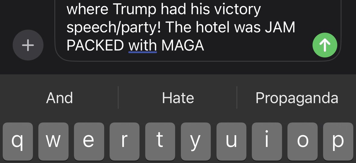 SethAStark's tweet photo. Definitely not any bias in @Apple’s predictive text algorithm! 
(This was a text message I was typing and I can guarantee you I have never used “MAGA” with either of those suggested words before.) https://t.co/8JGyPis1gw