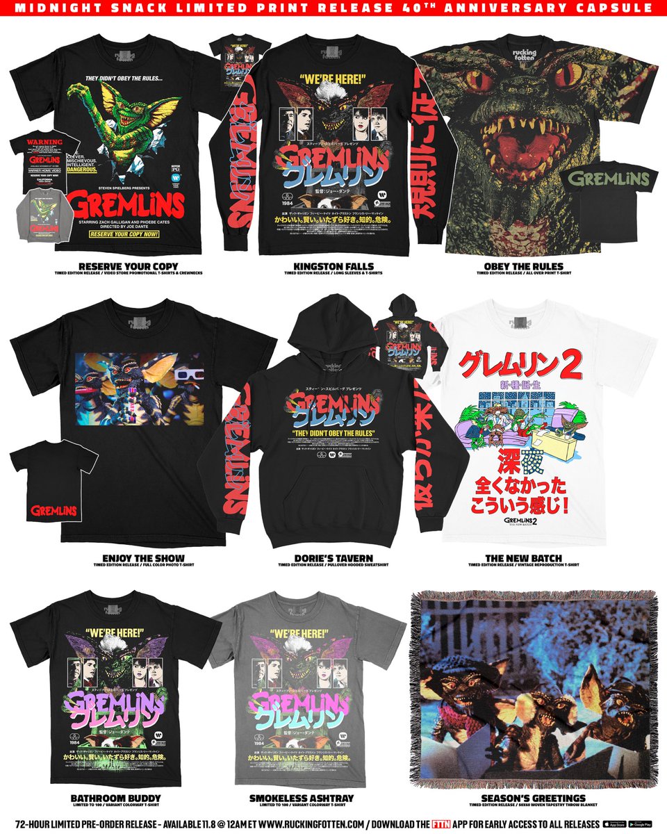 Ruckingfotten's tweet image. Presenting the MIDNIGHT SNACK capsule celebrating the 40th anniversary of GREMLINS! Releasing TONIGHT 11.8 @ 12AM ET / Early access @ 11:30PM ET exclusively on the FTTN App - Download available on Apple & Google Play platforms now!
Limited 72-hour release
