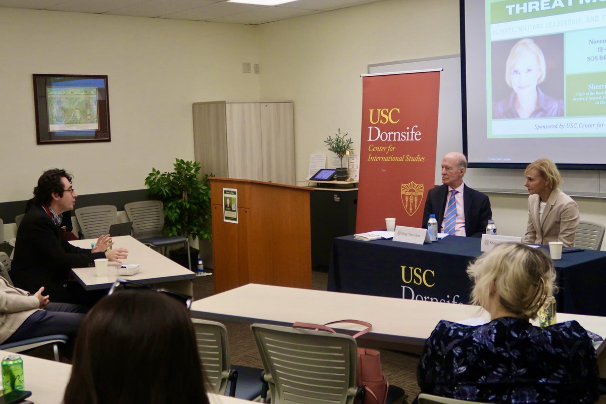 uscCIS's tweet image. Today’s event featured @GoodmanSherri, author of “Threat Multiplier: Climate, Military Leadership, and the Fight for Global Security" (@IslandPress),  where she and @GregTreverton discussed military concerns and tactics in tackling climate change as a global security threat!