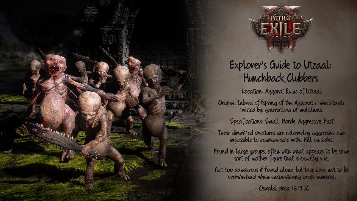 pathofexile's tweet photo. In Path of Exile 2, Treasure Hunter Oswald has been exploring the Utzaal region in search of hidden riches, but there's more than just caches of loot lurking in Wraeclast! Check out Oswald's journal entries for some of the monsters he has encountered on his quest. https://t.co/ioqdcIAwhm