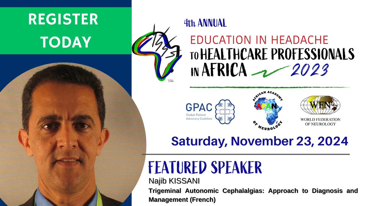 GPACmigraine's tweet photo. Join Featured Speaker, Najib Kissani (Morocco) at the 4th Annual Education in Headache to Healthcare Professionals in Africa (EHHPA) on Saturday, November 23.  EHHPA is a free virtual education program that provides training in headache medicine for healthcare professionals in Africa and around the world.  
Leading experts from across the globe combine clinical education with intentional design to incorporate the patient voice. Don't miss out!  💻 Virtual Event 📝 Register now: https://t.co/CR0SBJK8N3