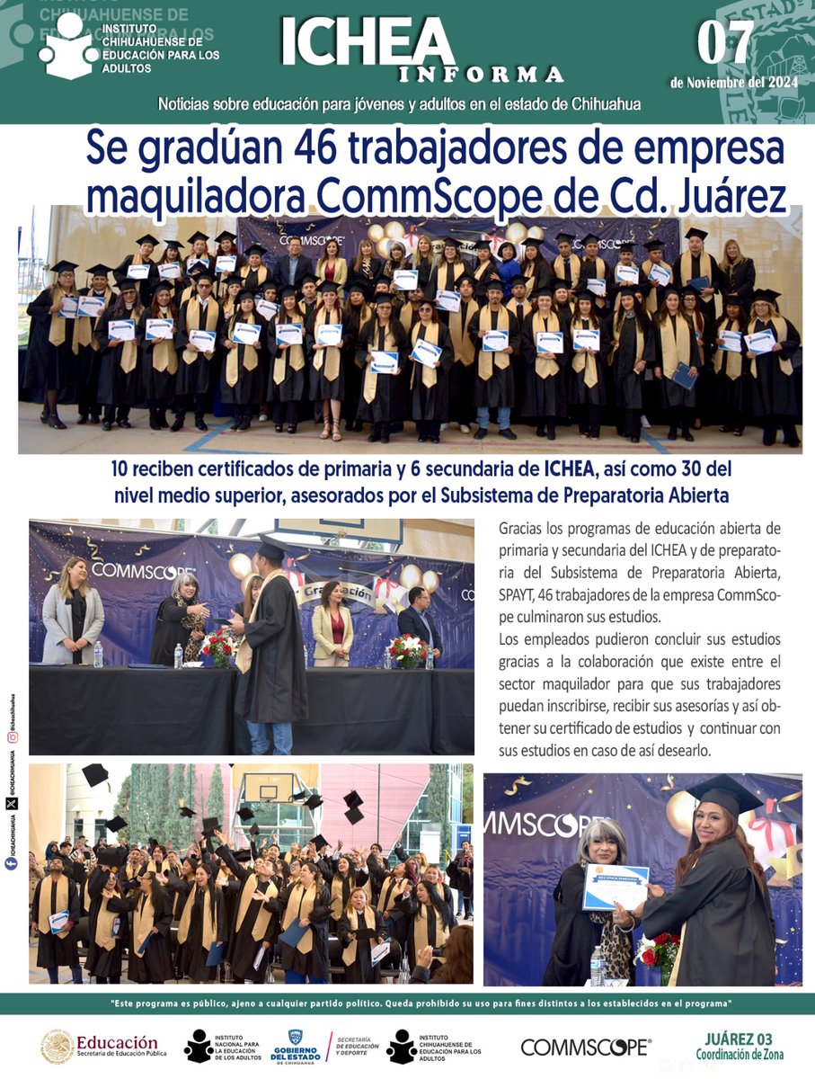 ICHEACHIHUAHUA's tweet image. RESULTADO DEL ESFUERZO
ICHEA en alianza con instituciones educativas y empresas comprometidas, lleva la atención, servicios y procedimientos de manera GRATUITA, a quienes quieren terminar su educación básica.
#ICHEAChihuahua     #JuntosSíPodemos    #CommScope #SPAYT