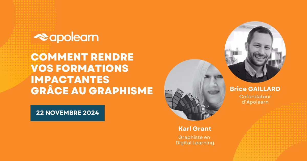 apolearn's tweet image. 🚀 Le 22/11 à 14h, Karl Grant, experte en digital learning, vous dévoile ses secrets pour créer des formations visuellement percutantes !
➡️ Design pédagogique, bases du graphisme, accessibilité...
👉 Inscrivez-vous : hubs.la/Q02X9DfB0