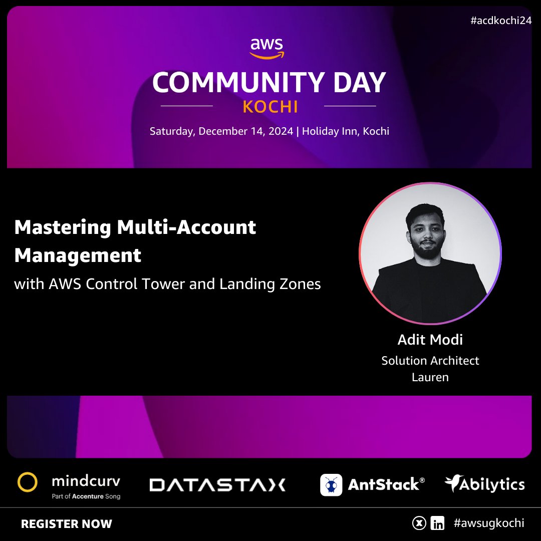 📢 Speaker Announcement: Mastering Multi-Account Management with AWS Control Tower &amp; Landing Zones by <a href="/adi_12_modi/">Adit Modi</a>, Solution Architect at Lauren

📅 14 Dec 2024
📍 Holiday Inn, Kochi

🔗 Register: lnkd.in/fEVNqGP

#aws #awscloud #acdkochi24 #awscommunityday