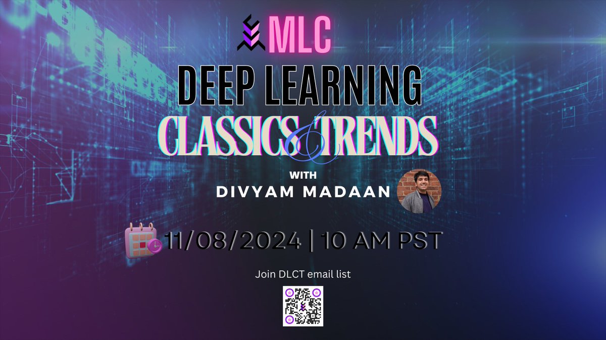Join us tomorrow at 10 AM PST for a deep dive into multi-modal learning at our next DLCT event! 🚀
<a href="/dmadaan_/">Divyam Madaan</a> will explore "Jointly Modeling Inter- &amp; Intra-Modality Dependencies for Multi-modal Learning" — uncovering new insights into dependencies across modalities. Don’t miss it!