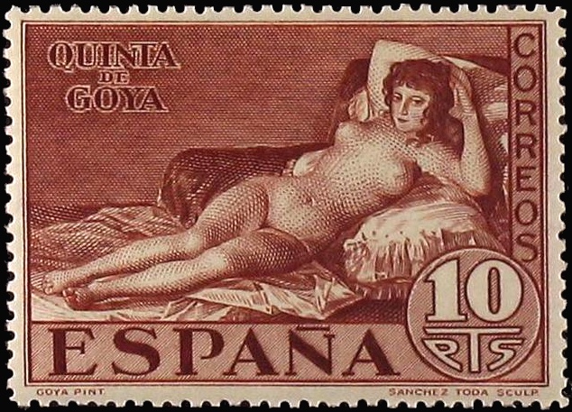 museumartium's tweet photo. @X_ArtGallery On June 15, 1930, Spain’s postal service released stamps valued at 1, 4, and 10 pesetas, engraved by José Luis López Sánchez-Toda and featuring La Maja Desnuda. This was the first instance of a female nude on a postage stamp, sparking widespread controversy. https://t.co/sAxajFpWdw