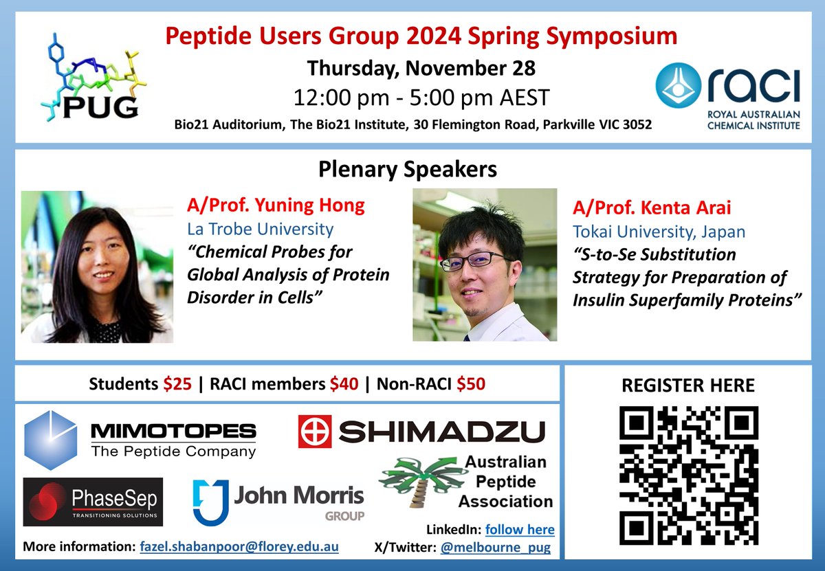 Registrations now open for PUG Spring Symposium (Thurs 28th Nov 2024 12-5pm <a href="/Bio21Institute/">Bio21 Institute</a>). Oral and poster presentation opportunities for students and EMCRs (with🏆 up for grabs). Submit an abstract now: raci.org.au/events/event-d……
<a href="/RACI_VIC/">RACI VIC</a>