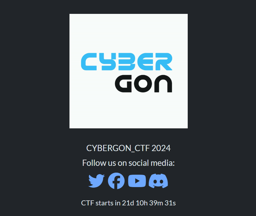Cybergon_MM's tweet photo. 21 DAYS TO GO !!!

Register - https://t.co/ynBs9Nb7fE

#cybergonctf2024 #capturetheflag https://t.co/cf0MmPnssr