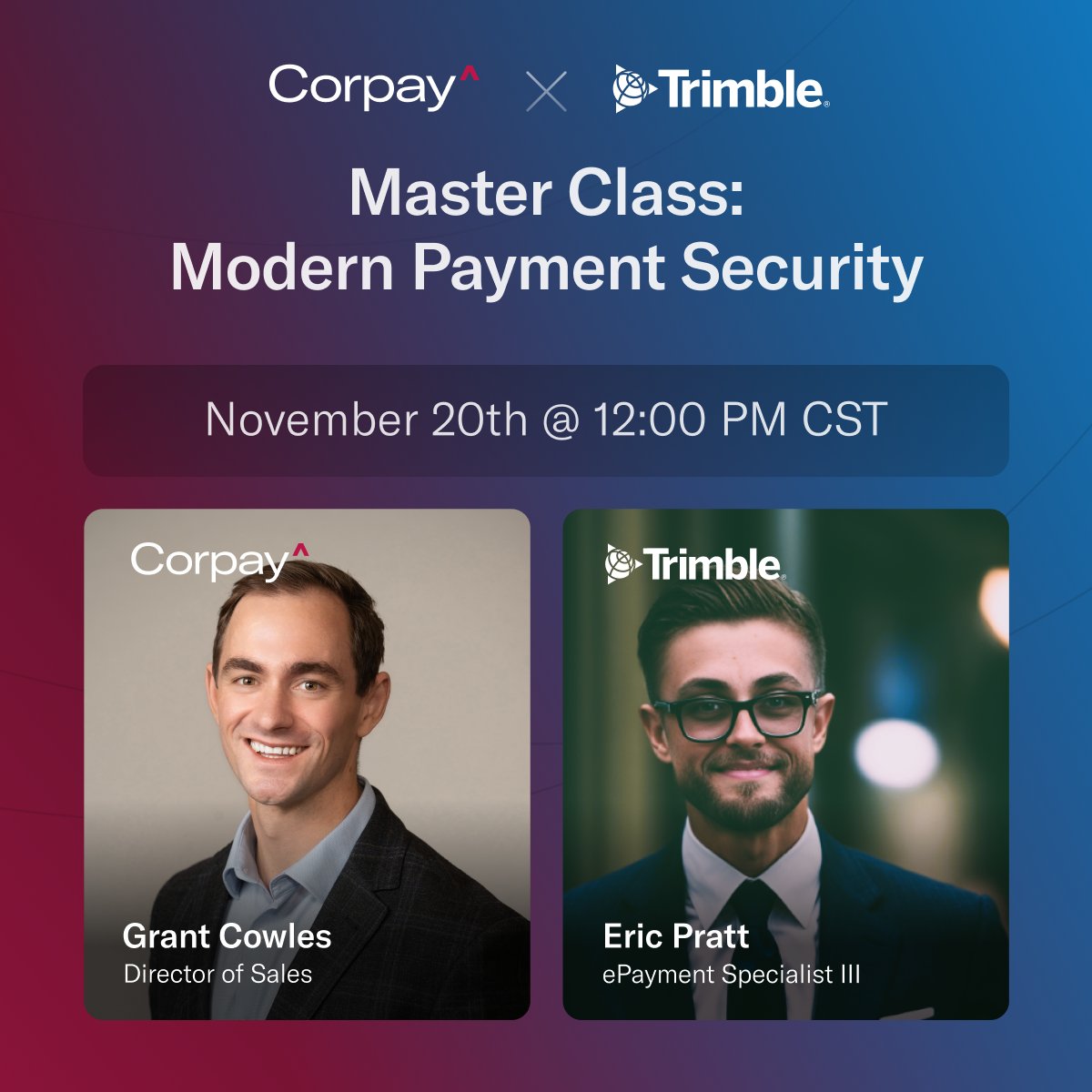 New webinar 🚨

Corpay and <a href="/TrimbleCorpNews/">Trimble Inc.</a> are teaming up to bring you an expert-led webinar that tackles the latest trends and solutions in payment security.

📆  Wednesday, November 20th
🕛  12 PM CST

Save your seat: corpayspendmanagement.wistia.com/live/events/mk…
