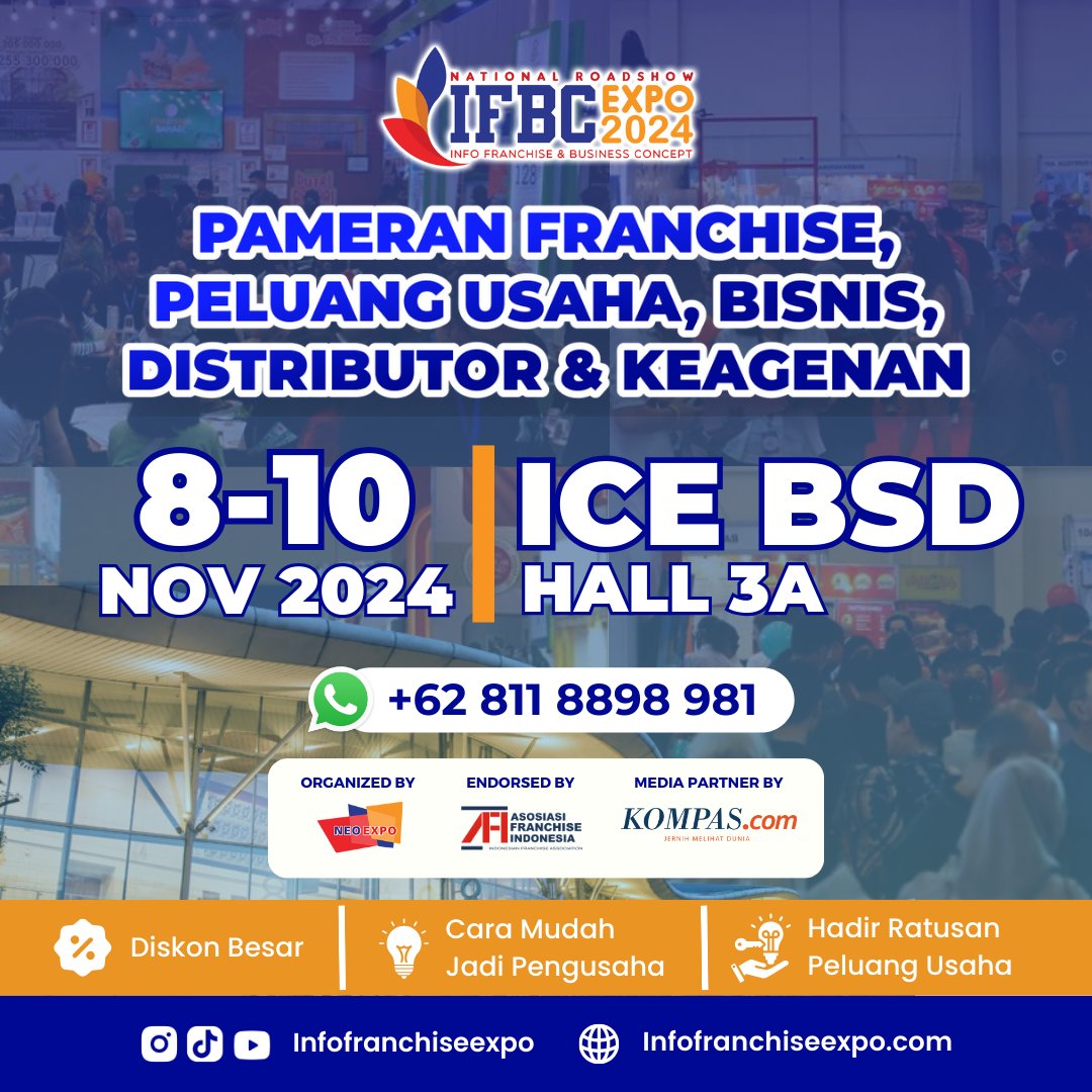 kompascom's tweet photo. Hai #ifbcpreneur...
Pameran IFBC 2024 kembali hadir di ICE BSD!๐
Catat tanggalnya yaa #IFBCpreneur!
๐
: 8-10 November 2024
๐: Hall 3A, ICE BSD
Yuk temukan bisnis impian kamu di Pameran #IFBC2024! https://t.co/MdEKrfwwYi