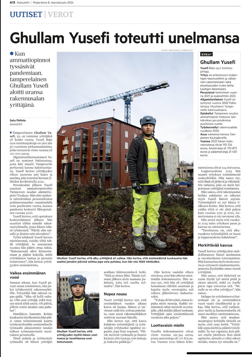 juha_metsala's tweet photo. Innostava tarina: Yuself Raks Oy:n tj Ghullam Yuself on yksi niistä alle 30 v rakennusallalla, jotka ansaitsivat yli 120.000 euroa.#yrittäjyys https://t.co/6pVGqFiekw