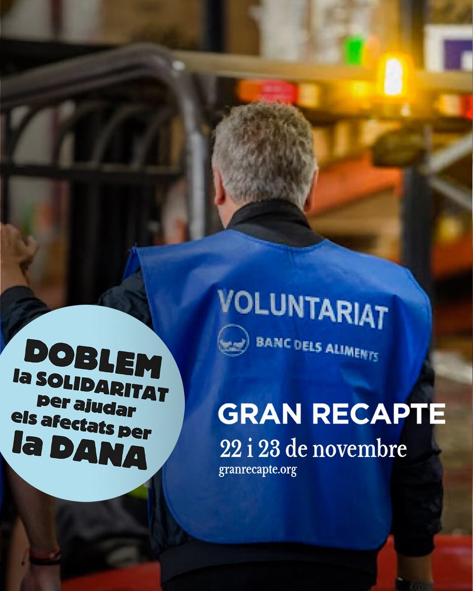 ATENCIÓ: Aquest #GranRecapte24, necessitem el doble de mans 👐👐

Els Bancs dels Aliments catalans destinaran el 5️⃣0️⃣% de la recaptació de la campanya del Gran Recapte a donar suport als afectats per la DANA. 
‼️ Per doblar la solidaritat de les donacions, necessitem el doble
