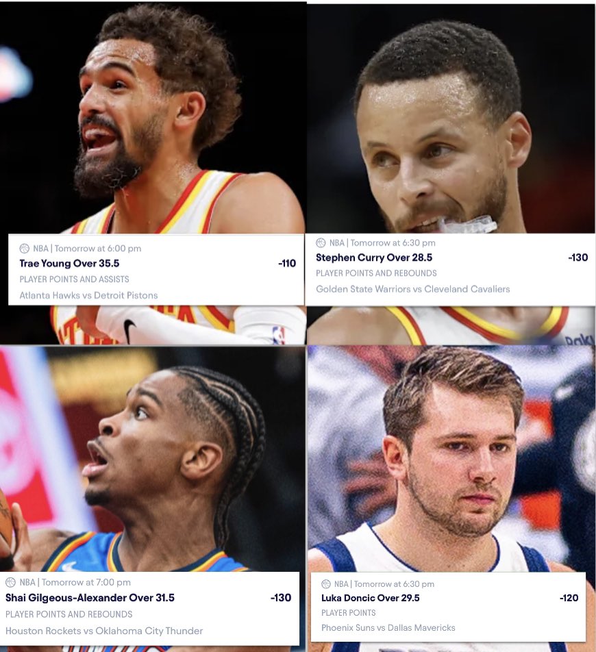 trevgotapick's tweet photo. $40 to a ❤️🔄 if we sweep 🧹
#NBA Free Plays Nov 8⚡️
• Steph Curry O 28.5 PR
(-120) #DubNation
• Luka Doncic O 29.5 PTs
(-120) #MFFL
• SGA O 31.5 PR
(-120) #ThunderUp
• Trae Young O 35.5 PA
(-110) #TrueToAtlanta
📊 v @BetalyticsInc
#PlayerPropBets #GamblingX https://t.co/RY7YAWLgji