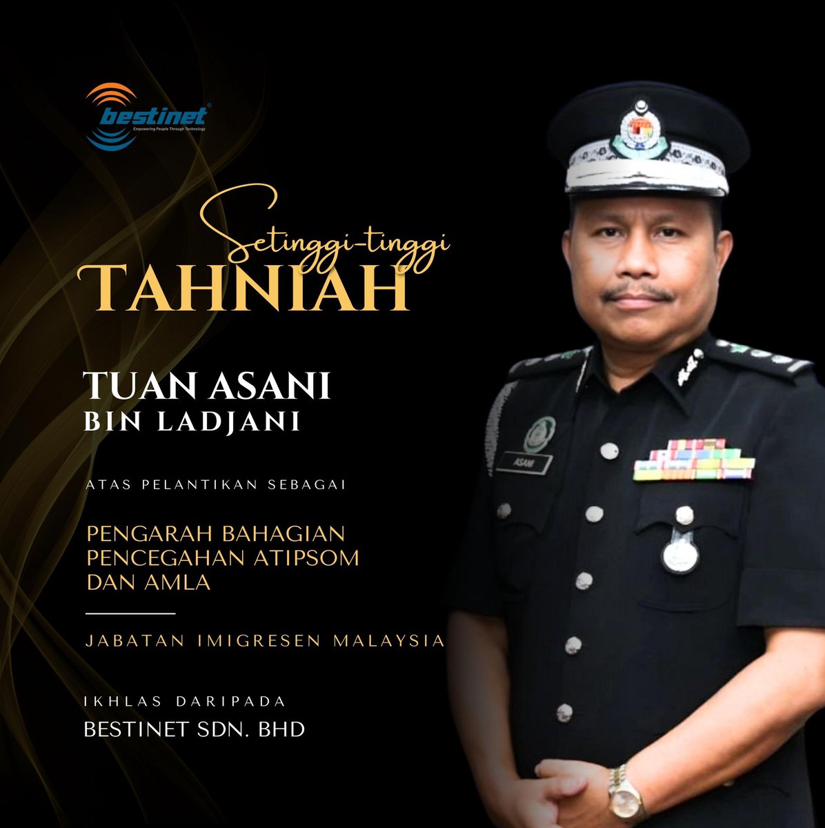 Setinggi-tinggi tahniah dari warga Bestinet Sdn. Bhd kepada semua Penguasa Imigresen yang menerima kenaikkan pangkat. 

Selamat bertugas dan semoga terus maju.