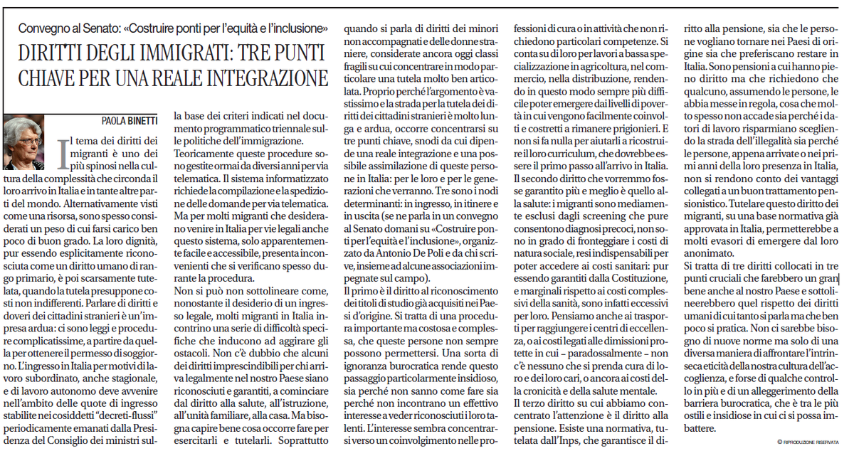 UdcIta's tweet photo. La senatrice @PaolaBinetti oggi su Avvenire: "Diritti degli immigrati: tre punti chiave per una reale integrazione" https://t.co/uYBD5OjZOs