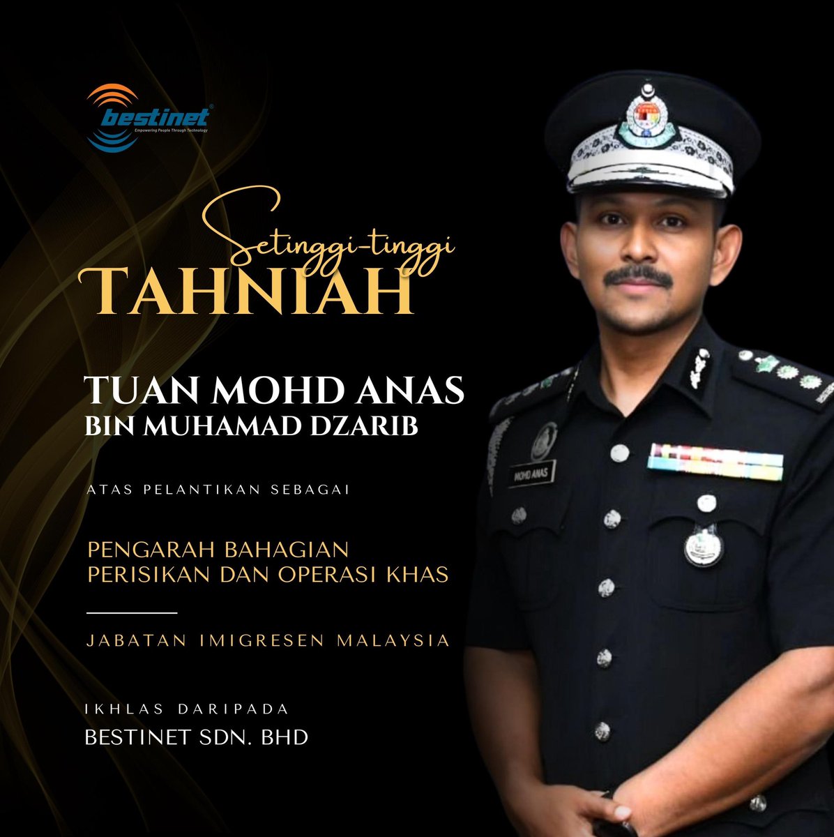 BestinetHQ's tweet photo. Setinggi-tinggi tahniah dari warga Bestinet Sdn. Bhd kepada semua Penguasa Imigresen yang menerima kenaikkan pangkat. 

Selamat bertugas dan semoga terus maju. https://t.co/HGVA2hfveo