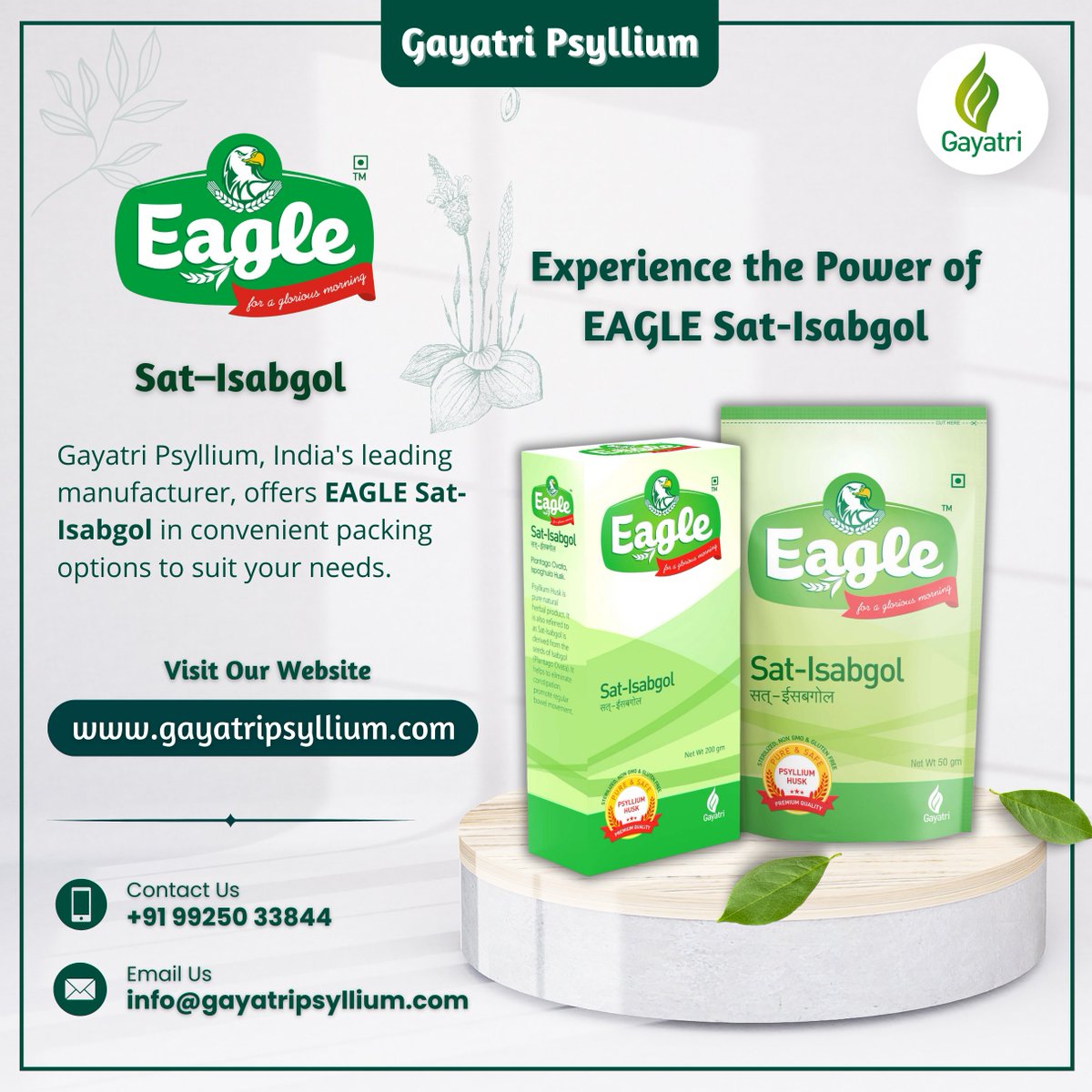 gayatripsyllium's tweet photo. Experience the Power of #EAGLESatIsabgol in Your Perfect Size!
🔗 https://t.co/v1pO28w3mk
📞 +91-99250 33844 | +91-98250 33422
✉️ info@gayatripsyllium.com

#GayatriPsyllium #Isabgol #SatIsabgol #Psyllium #PsylliumProducts #PsylliumSeeds #PsylliumPowder #Export #India #Expoter https://t.co/JRb182M8cj