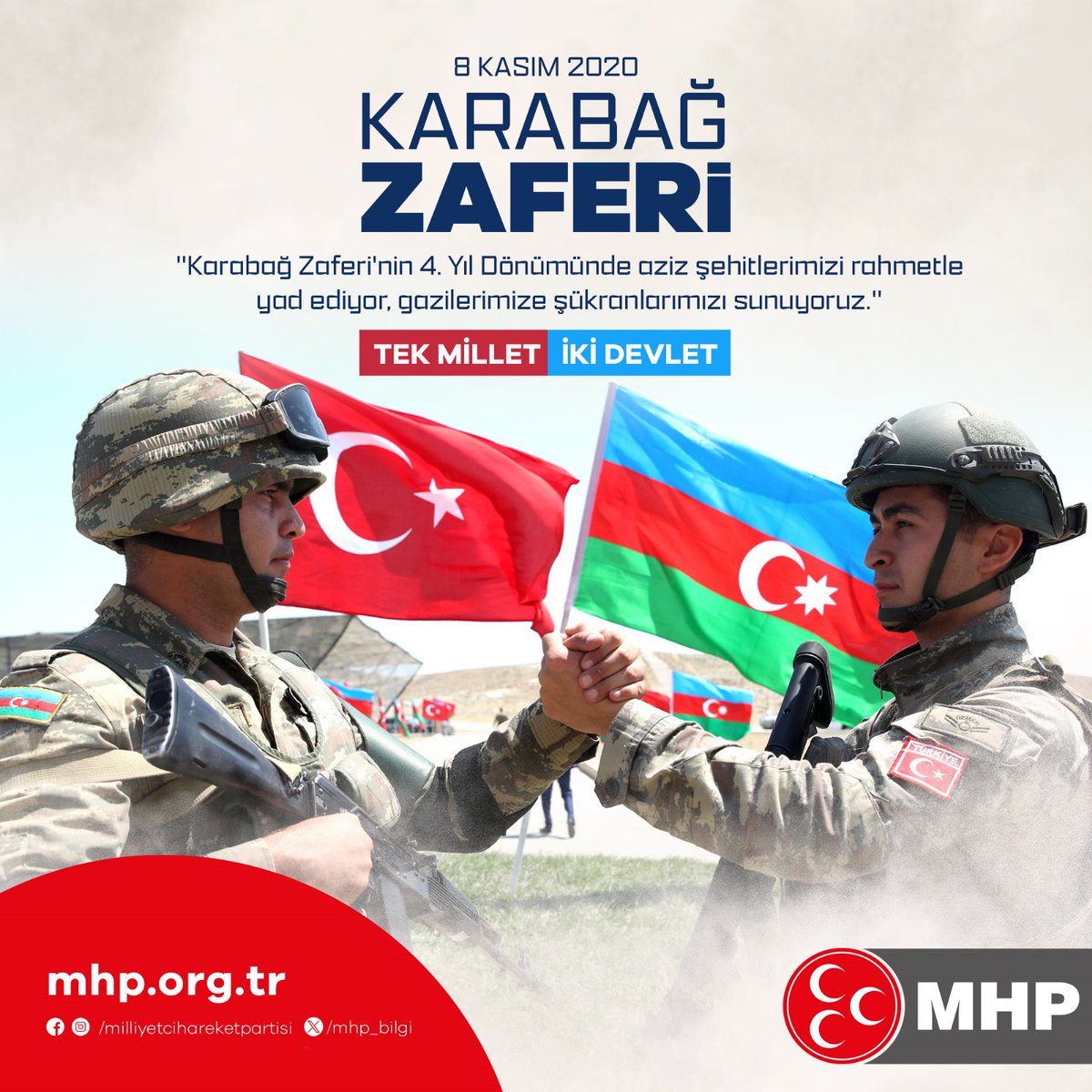 "Karabağ Zaferi'nin 4. yıl dönümünde aziz şehitlerimizi rahmetle yad ediyor, gazilerimize şükranlarımızı sunuyoruz."
