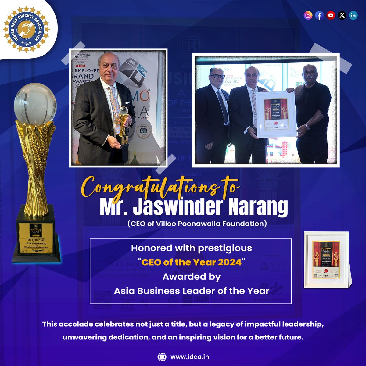 official_idca's tweet photo. 🌟 Heartiest Congratulations to Mr. Jaswinder Narang, CEO of Villoo Poonawalla Foundation, on being awarded CEO of the Year 2024 by Asia Business Leader of the Year. 🏆

@SerumInstIndia @VPCF_PUNE https://t.co/HuFOVnkYB3